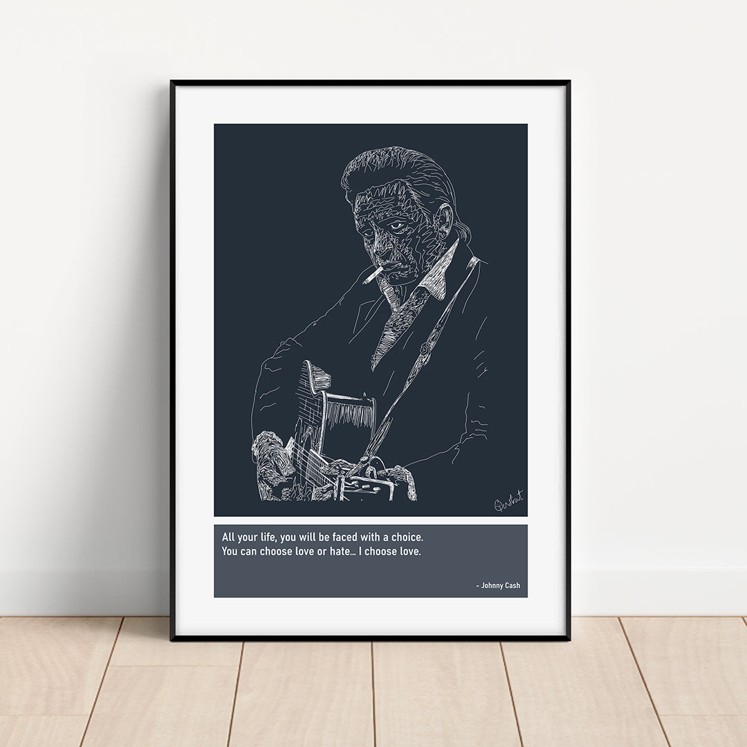Johnny Cash Guitar Art Print Poster Quotes Blue Frame 01