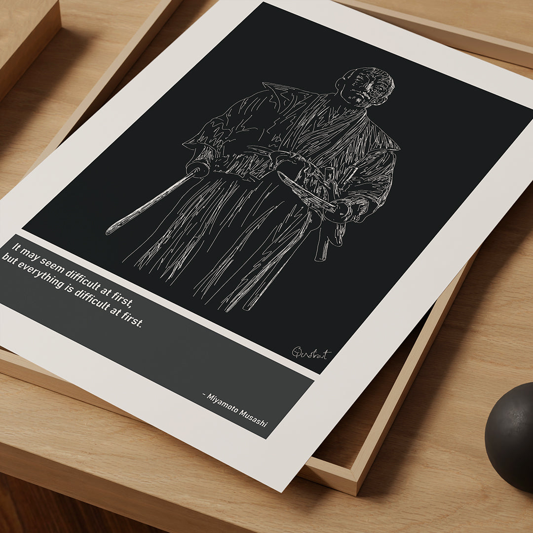 Miyamoto Musashi Japanese Swordsman Art Print Poster Quotes Grey Frame 03
