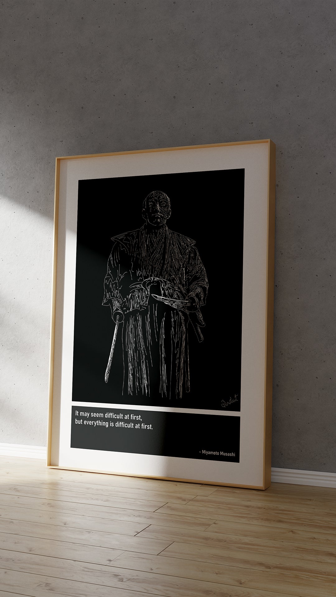 Miyamoto Musashi Japanese Swordsman Art Print Poster Quotes Grey Frame 04