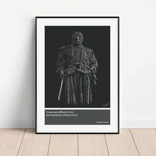 Miyamoto Musashi Japanese Swordsman Art Print Poster Quotes Grey Frame 01