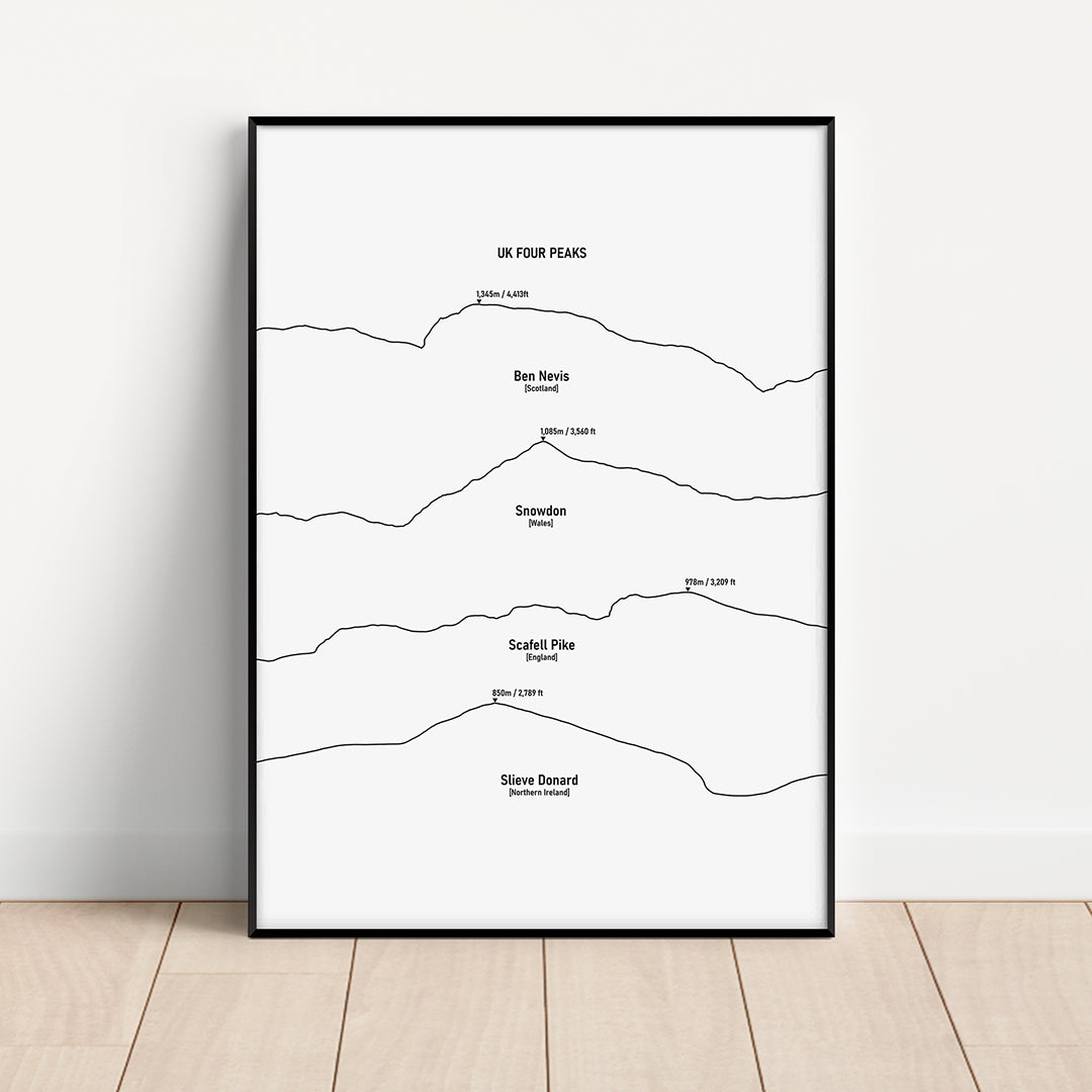 UK Four Peaks Mountain Line Art Print Ben Nevis Snowdon, Scafell Pike, Slieve Donard 01